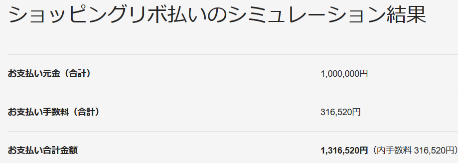 f:id:wakajitsukohei:20180916172110p:plain リボ払いの返済シミュレーション結果の画像。高額な利息で返済が辛い。